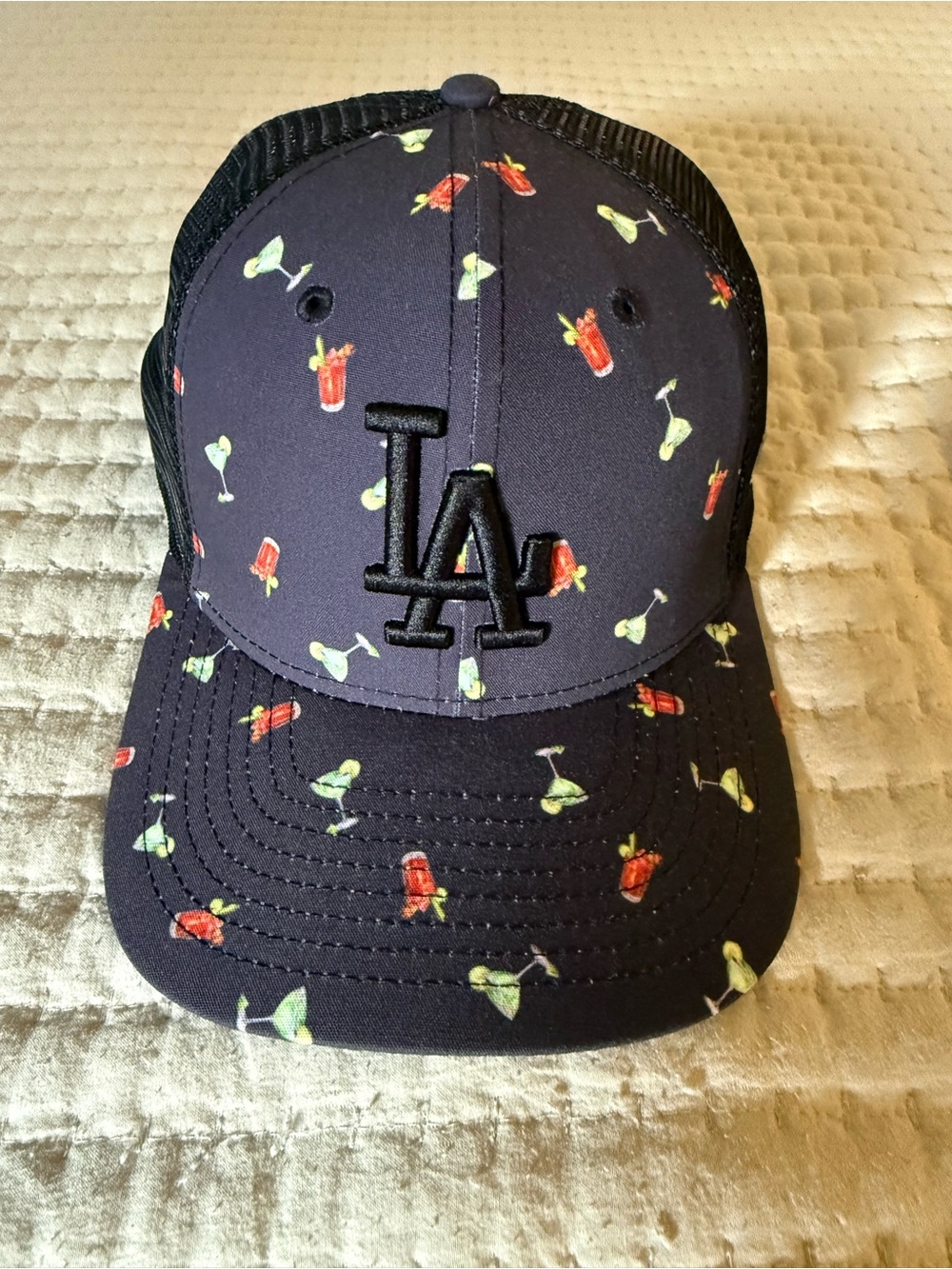 New Era Black LA Trucker Hat with Red & Green Cocktail Print